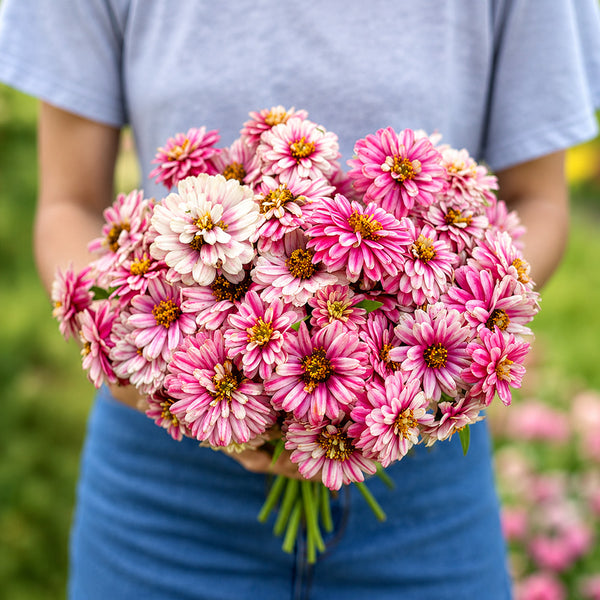 W1337 Double Zahara Raspberry Ripple Zinnia, 5 Seeds